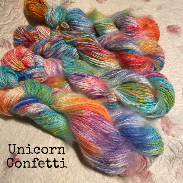 IxCHeL Fibre & Yarns 100% Angora Bunny 4ply Handspun Yarn colourway Unicorn Confetti