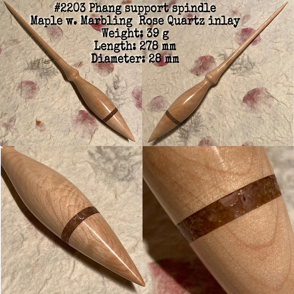 IxCHeL Fibre & Yarns LotBD Lotus Phang Support Spindle crafted in Maple with Marbling Natural Feature & Rose Quartz Inlay #2203