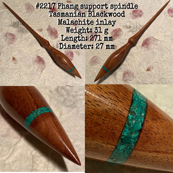 IxCHeL Fibre & Yarns LotBD Lotus Phang Support Spindle crafted in Tasmanian Blackwood with Malachite Inlay #2217