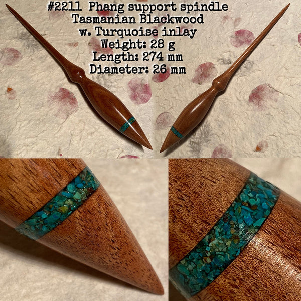 IxCHeL Fibre & Yarns LotBD Lotus Phang Support Spindle crafted in Tasmanian Blackwood with Turquoise Inlay #2211
