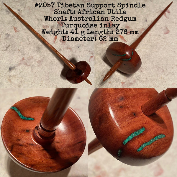IxCHeL Fibre & Yarns LotBD Tibetan Support Spindle made with African Utile  Australian Redgum Natural Feature w/Turquoise Stone Inlay #2057