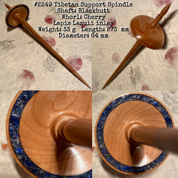 IxCHeL Fibre And Yarns LotBD Tibetan Support Spindle crafted in Blackbutt & Cherry with Lapis Lazuli Inlay #2249