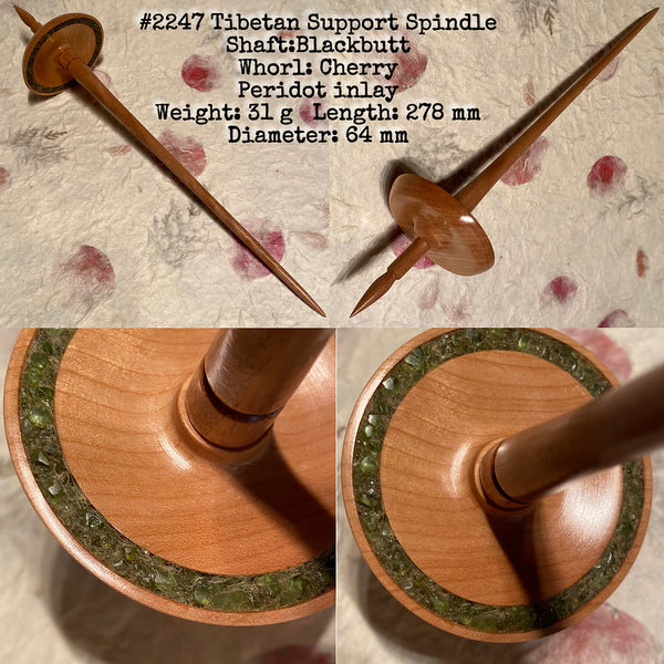 IxCHeL Fibre And Yarns LotBD Tibetan Support Spindle crafted in Blackbutt & Cherry with Peridot Inlay #2247