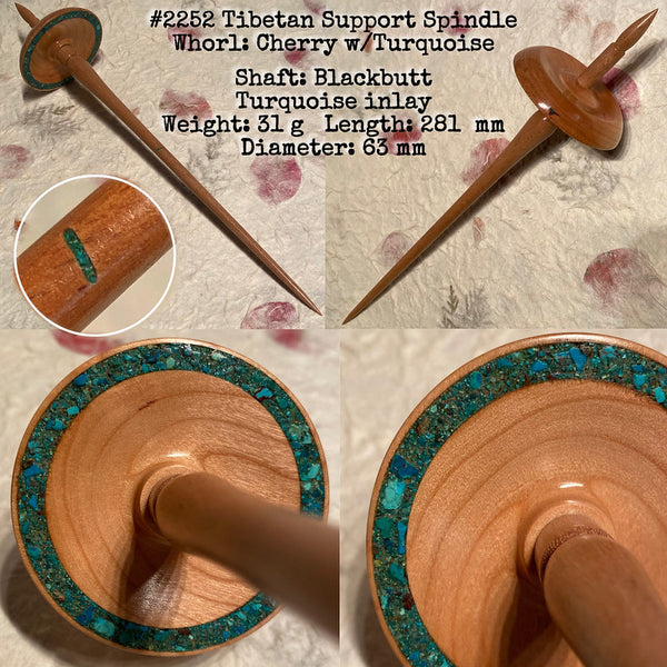 IxCHeL Fibre And Yarns LotBD Tibetan Support Spindle crafted in Blackbutt & Cherry with Turquoise Inlay #2252
