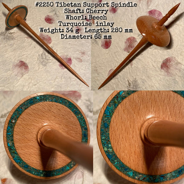 IxCHeL Fibre And Yarns LotBD Tibetan Support Spindle crafted in Beech & Cherry with Turquoise Inlay #2250
