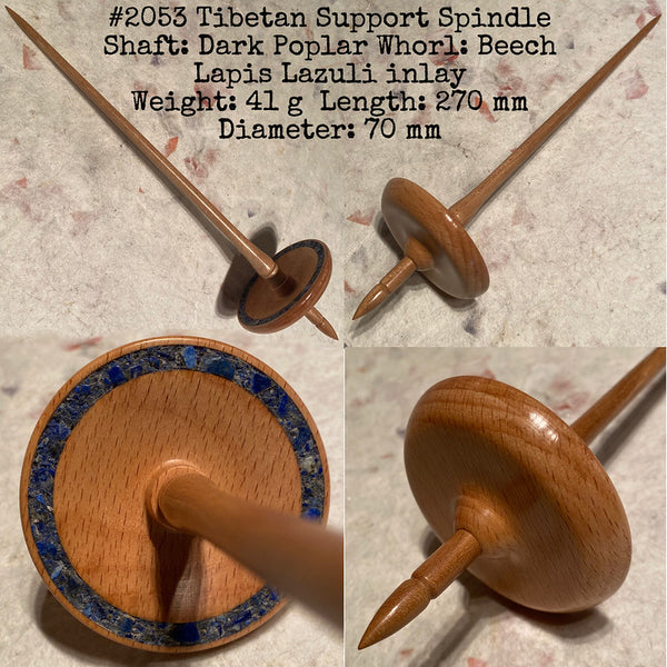 IxCHeL Fibre & Yarns LotBD Tibetan Support Spindle made with Dark Poplar, Beech and Lapis Lazuli Stone Inlay #2053