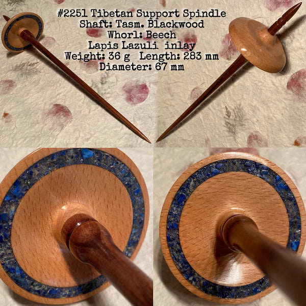 IxCHeL Fibre And Yarns LotBD Tibetan Support Spindle crafted in Tasmanian Blackwood & Beech with Lapis Lazuli Inlay #2251