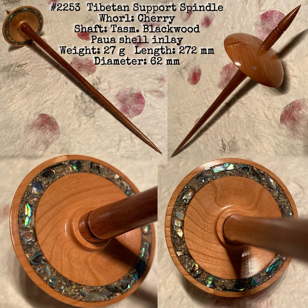 IxCHeL Fibre And Yarns LotBD Tibetan Support Spindle crafted in Tasmanian Blackwood & Cherry with Paua Shell Inlay #2253