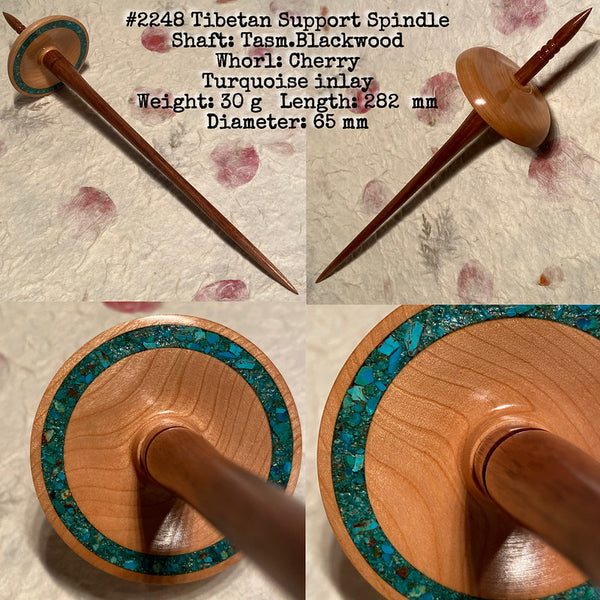 IxCHeL Fibre And Yarns LotBD Tibetan Support Spindle crafted in Tasmanian Blackwood & Cherry with Turquoise Inlay #2248