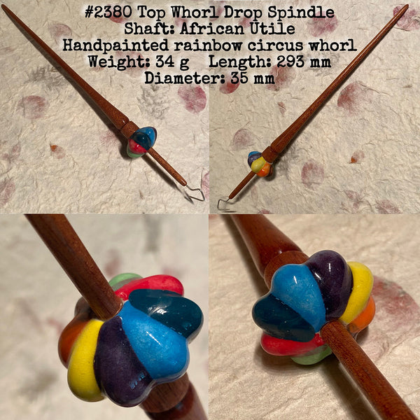 IxCHeL Fibre & Yarns LotBD Top Whorl Drop Spindle African Utile Ceramic Rainbow Circus #2380
