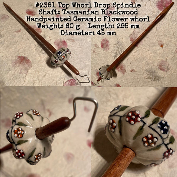 IxCHeL Fibre & Yarns LotBD Top Whorl Drop Spindle Tasmanian Blackwood Ceramic Doorknob #2381