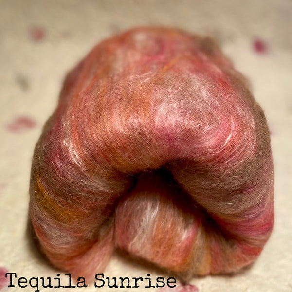 IxCHeL Fibre And Yarns Possum Cashmere Merino Silk Batts colourway Tequila Sunrise
