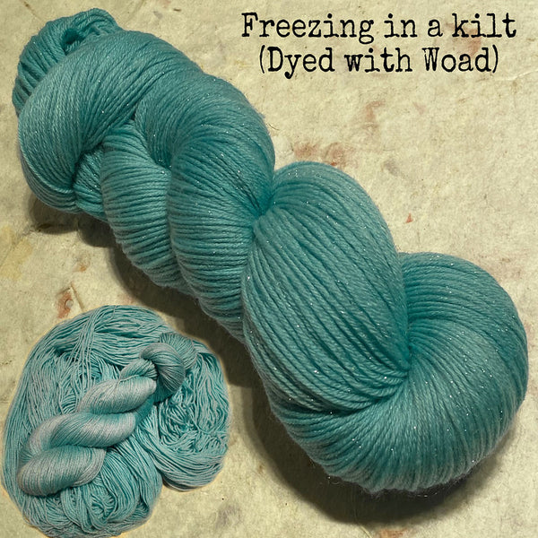 IxCHeL Fibre & Yarns Silver Star 4ply Sock Yarn colourway Freezing In A Kilt Dyed with Woad