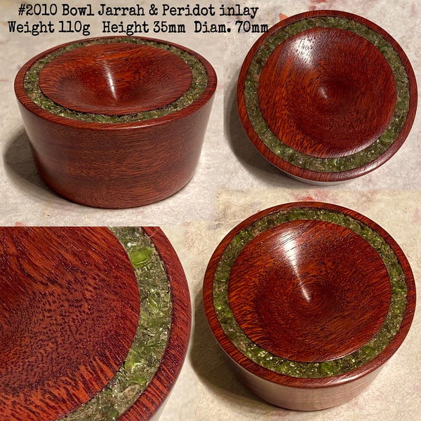 IxCHeL Fibre & Yarns LotBD Spindle Support Bowl made in Jarrah with Peridot Stone Inlay #2010