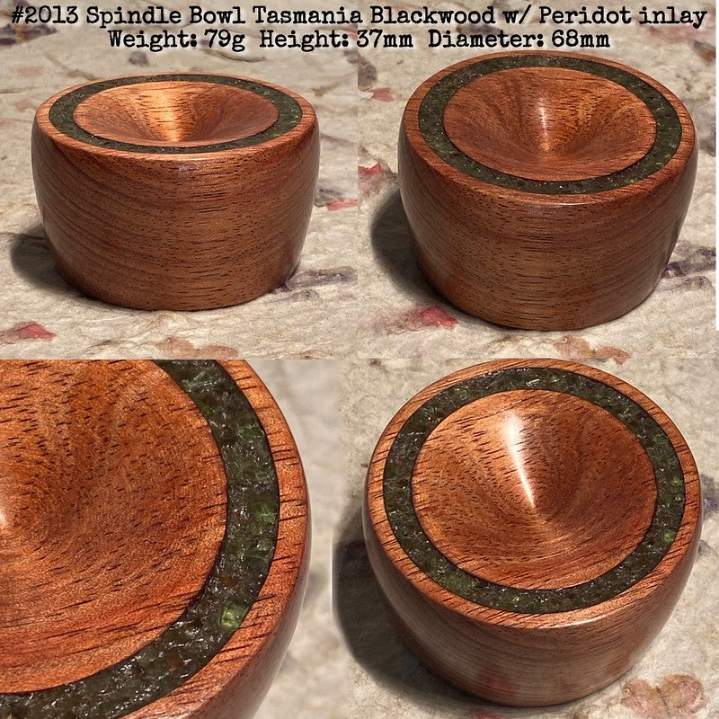 IxCHeL Fibre & Yarns LotBD Spindle Support Bowl made in Tasmanian Blackwood with Peridot Stone Inlay #2013