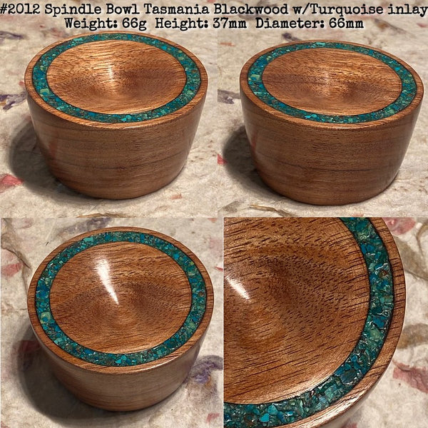 IxCHeL Fibre & Yarns LotBD Spindle Support Bowl made in Tasmanian Blackwood with Turquoise Stone Inlay #2012