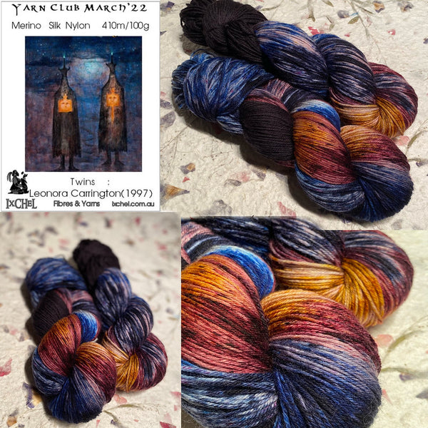 IxCHeL Fibres Art Journey Sock Yarn Club collage of March 2022