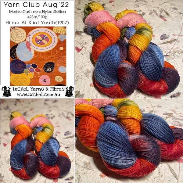 IxCHeL Fibres Art Journey Sock Yarn Club collage of August 2022