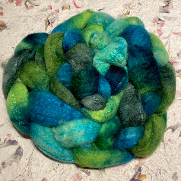 IxCHeL Fibre & Yarns Blue Faced Leicester, Silk & Cashmere Tops colourway Forest Nymph