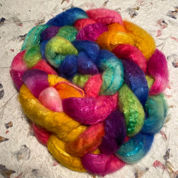 IxCHeL Fibre & Yarns Blue Faced Leicester, Silk & Cashmere Tops colourway  Happy Rainbow