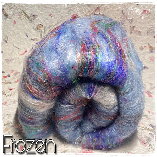 IxCheL Fibre & Yarns Merino Silk Batts with Angora, Sari Silk & Cashmere colourway Frozen