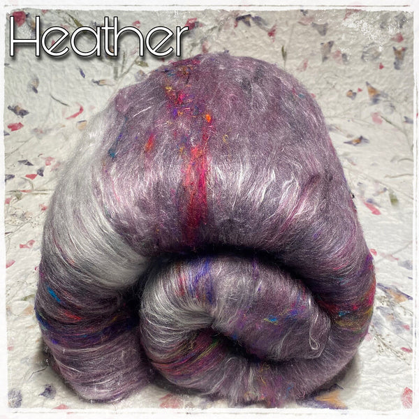 IxCheL Fibre & Yarns Merino Silk Batts with Angora, Sari Silk & Cashmere colourway Heather