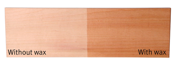 IxCHeL Fibre & Yarns Ashford Finishing Wax Polish sample of Before and After applied to Timber