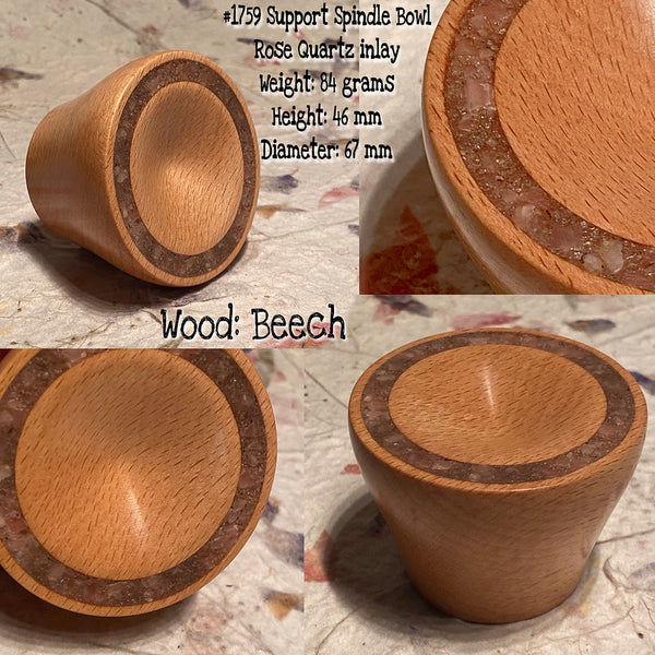 IxCHeL Fibre & Yarns LotBD Support Spindle Bowl made in Beech with Rose Quartz Stone Inlay 1759