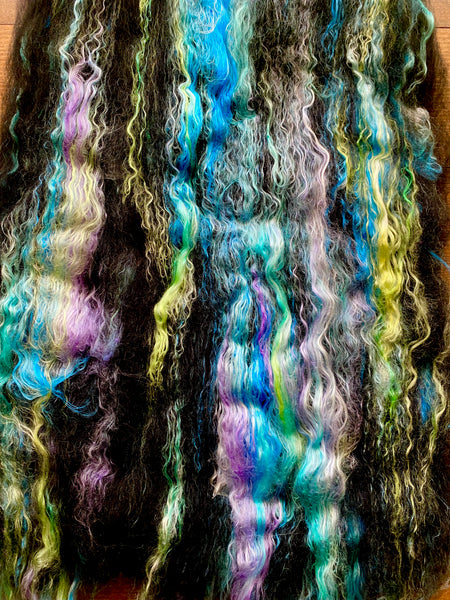 IxCHeL Fibre And Yarns Gothic Bunny Batt laid out flat demon hunter colourway