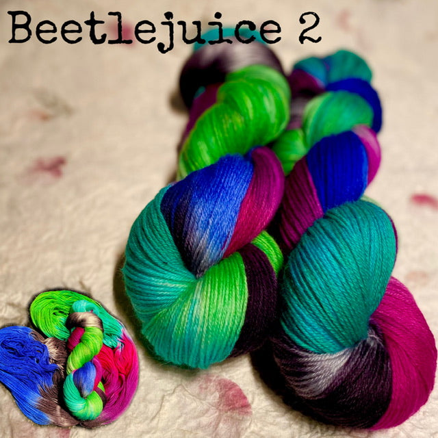 IxCHeL Fibre & Yarns 4ply Sock Yarn colourway Beetlejuice 2