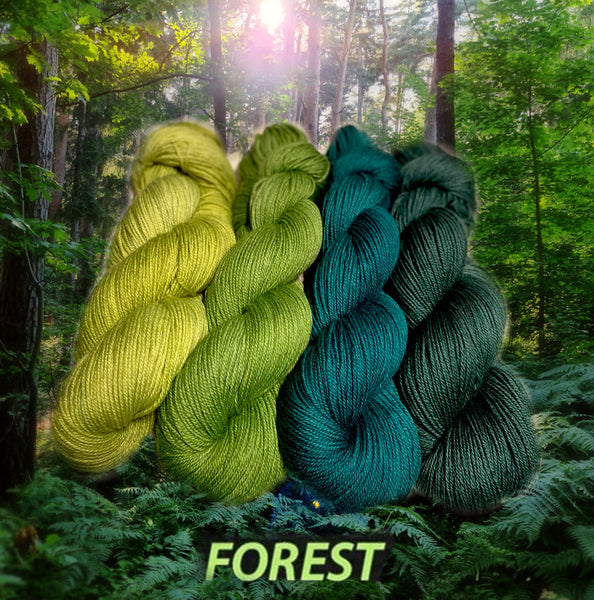 IxCHeL Fibre And Yarns 4ply Sock Yarn Geogradient Set Forest Captioned