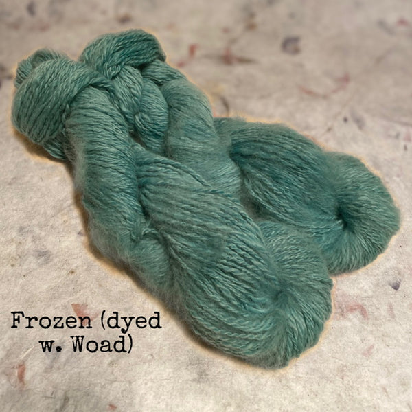 IxCHeL Fibre & Yarns 100% Angora Bunny 4ply Handspun Yarn colourway Frozen (dyed with Woad)