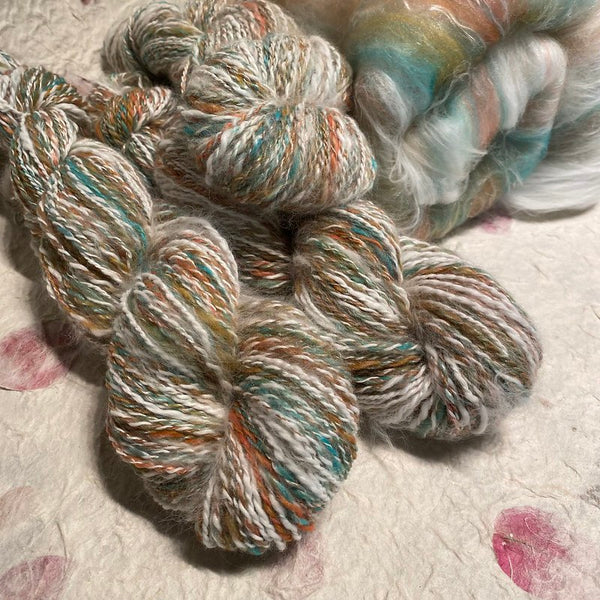 IxCHeL Fibre & Yarns Angora Silk Cashmere Hand Spun Yarn colourway Snow Gum