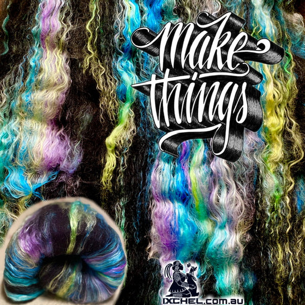 Colourful IxCHeL yarns and fibres gothic bunny batt with make things text