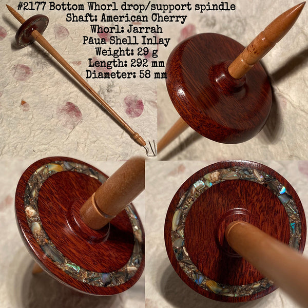 IxCHeL Fibre & Yarns LotBD Bottom Whorl Drop & Support Spindle crafted in American Cherry & Jarrah with Paua Shell Inlay & Natural Feature #2177