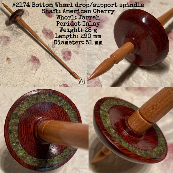 IxCHeL Fibre & Yarns LotBD Bottom Whorl Drop & Support Spindle crafted in American Cherry & Jarrah with Peridot Inlay #2174