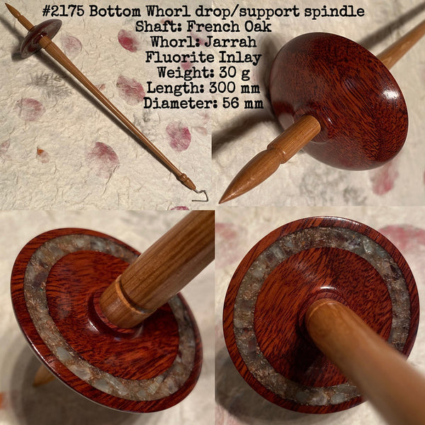 IxCHeL Fibre & Yarns LotBD Bottom Whorl Drop & Support Spindle crafted in French Oak & Jarrah with Fluorite Inlay #2175