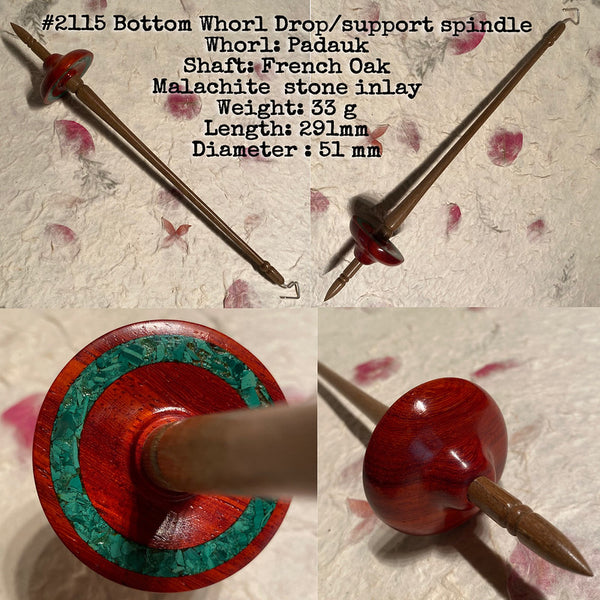 IxCHeL Fibre & Yarns LotBD Bottom Whorl Drop & Support Spindle French Oak/Padauk with Malachite Stone Inlay #2115