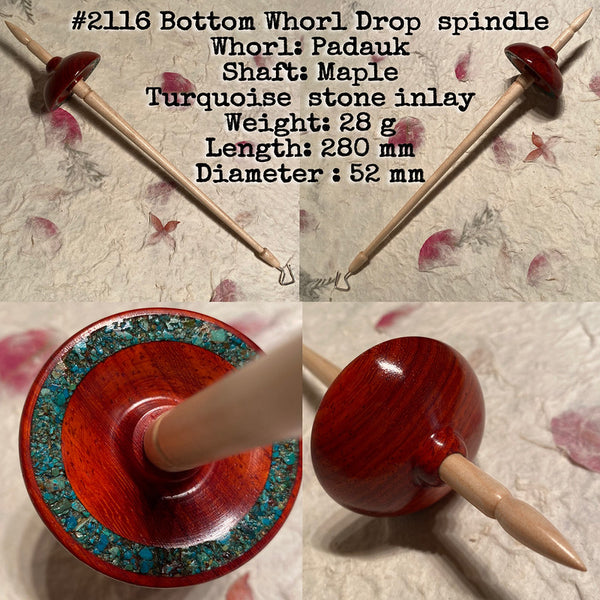 IxCHeL Fibre & Yarns LotBD Bottom Whorl Drop & Support Spindle Maple/Padauk with Turquoise Stone Inlay #2116