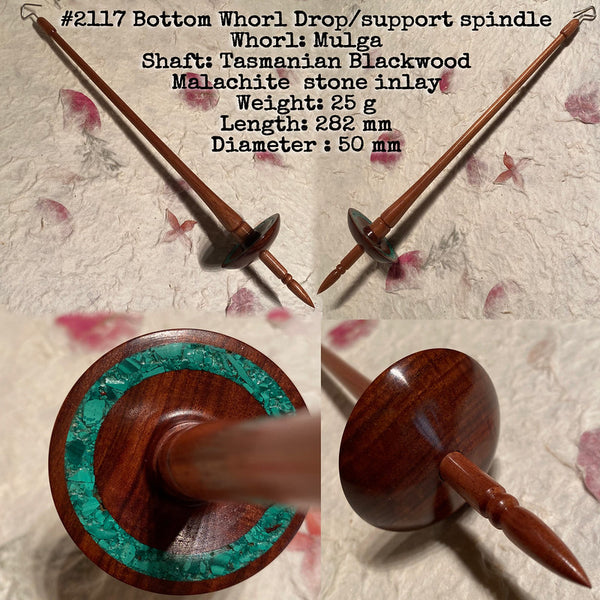 IxCHeL Fibre & Yarns LotBD Bottom Whorl Drop & Support Spindle Tasmanian Blackwood/Mulga with Malachite Stone Inlay #2117 