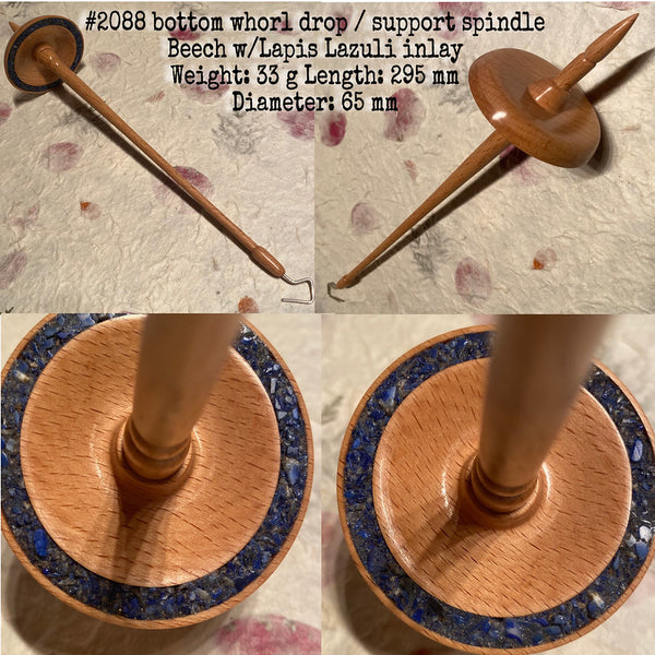 Ixchel Fibre & Yarns Bottom Whorl Drop & Support Spindle made with Beech and Lapis Lazuli Stone Inlay #2088