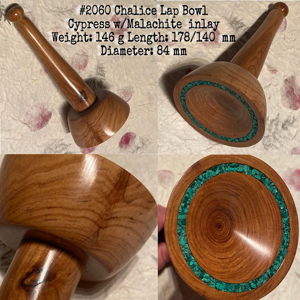 IxCHeL Fibre & Yarns LotBD Chalice Lap Spindle Bowl made of Cypress with Malachite Stone Inlay #2060