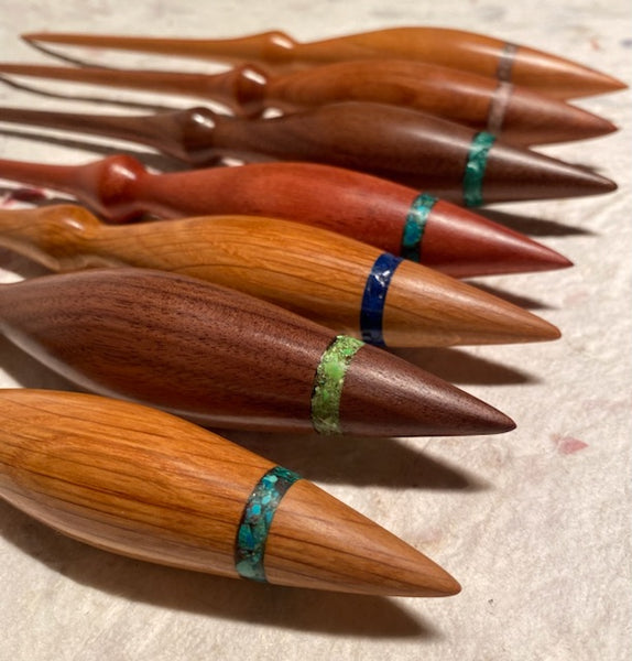 IxCHeL Fibre And Yarns LotBD Lotus Phang Support Spindle collection of Inlaid Spindles for Unspun Fibre Spinning Poster