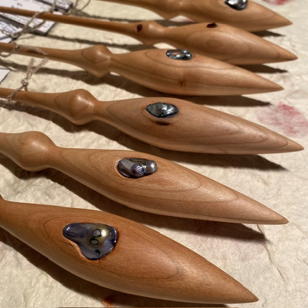 IxCHeL Fibre And Yarns A group of Lair of the Bearded Dragon Lotus Phang Support Spindles crafted with inlaid Fresh Water Pearls for support spindling.