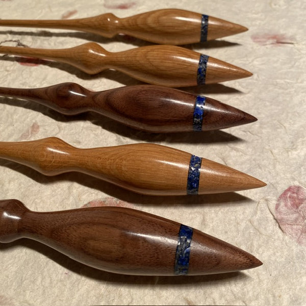 IxCHeL Fibre And Yarns A group of Lair of the Bearded Dragon Lotus Phang Support Spindles crafted with  Lapis Lazuli inlay