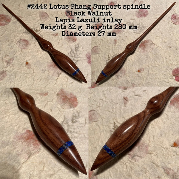 IxCHeL Fibre And Yarns LotBD Lotus Phang Support Spindle crafted from Black Walnut with Lapis Lazuli Inlay #2442