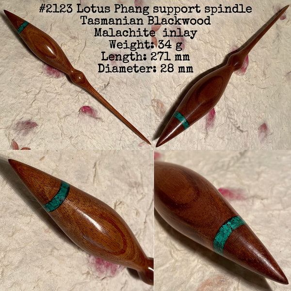 IxCHeL Fibre & Yarns LotBD Lotus Phang Support Spindle crafted from Tasmanian Blackwood with Malachite Stone Inlay #2123