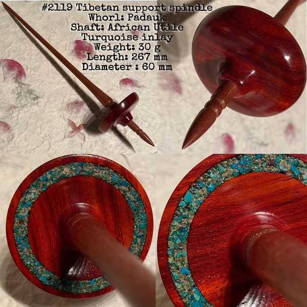 IxCHeL Fibre & Yarns LotBD Tibetan Support Spindle crafted with African Utile & Padauk with Turquoise Stone Inlay #2119