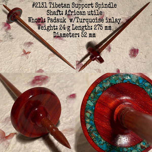 IxCHeL Fibre & Yarns LotBD Tibetan Support Spindle crafted with African Utile & Padauk with Turquoise Stone Inlay #2131