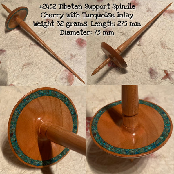IxCHeL Fibre And Yarns LotBD Tibetan Support Spindle crafted from Cherry with Turquoise Inlay #2452